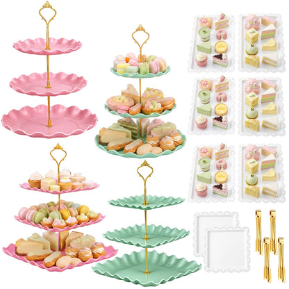 Remerry 16 Pcs Dessert Table Display Set 3 Tier Cupcake Stands Tower Holder Plastic Cookie Serving Trays Gold Serving Tongs for Tea Party Wedding Baby Shower Birthday Table Display (Pink and Green)