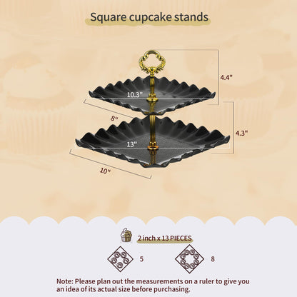 Pack of 11 NWK Cake Stand Set, with 3 x Two-Tier and 3 x Three-Tier Cupcake Stands, 4 x Appetizer Trays, 1 x Tablecloth for Birthday Bridal Baby Shower Party (Black)