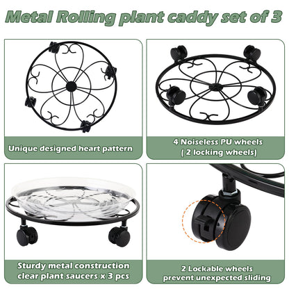 DEELF OUTLET 3 Packs 12 inches Large Metal Plant Caddy with Wheels Round Planter Dolly Pot Mover Rollers Wrought Iron Rolling Plant Stands Indoor Outdoor Wheeled Plant Holder Coaster Trolley, Black