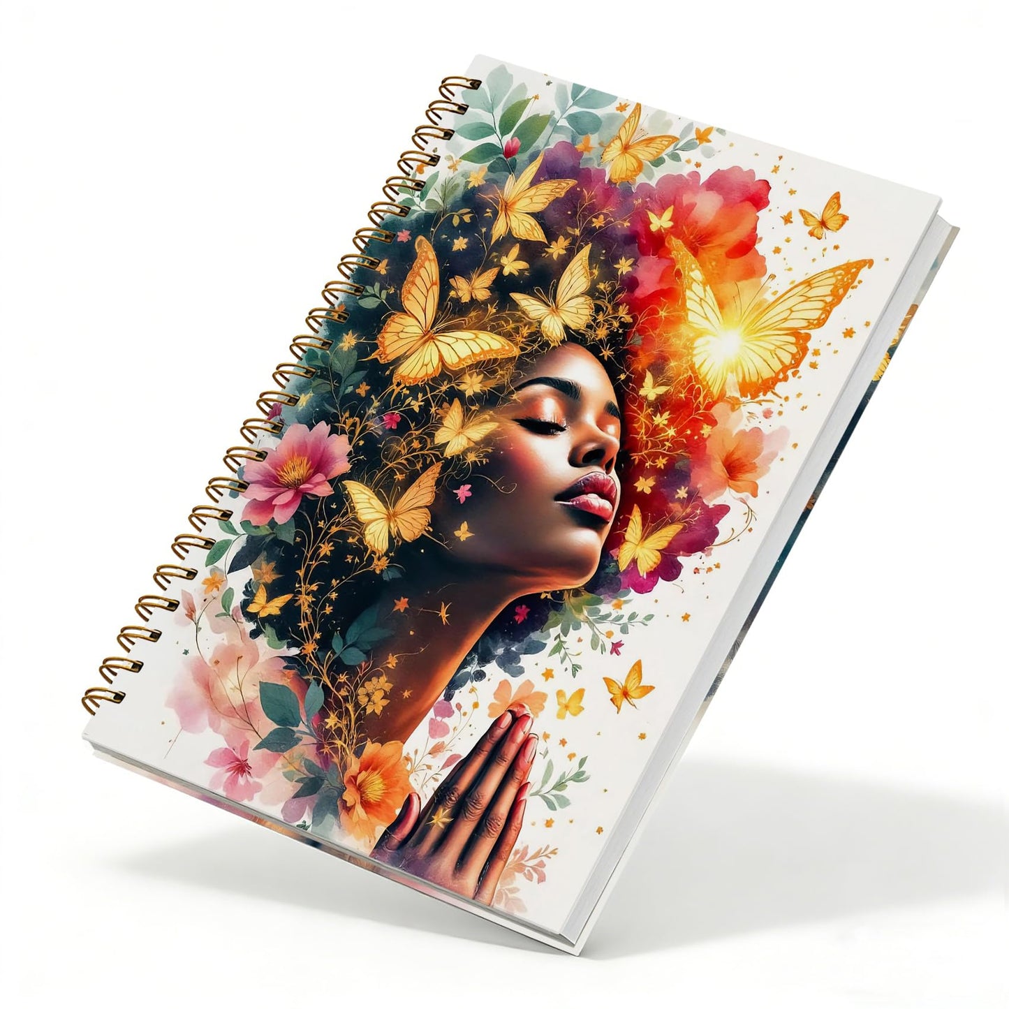 sdfkmlcdl Inspirational Black Women Praying Spiral Notebook, African American Gifts Journal for Black Women, Fantasy Golden Butterfly Flower Hardcover Journal, 5.5x8.3