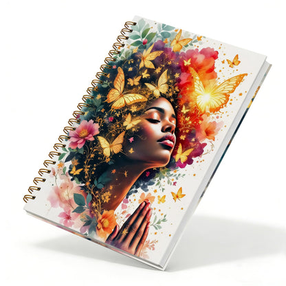 sdfkmlcdl Inspirational Black Women Praying Spiral Notebook, African American Gifts Journal for Black Women, Fantasy Golden Butterfly Flower Hardcover Journal, 5.5x8.3