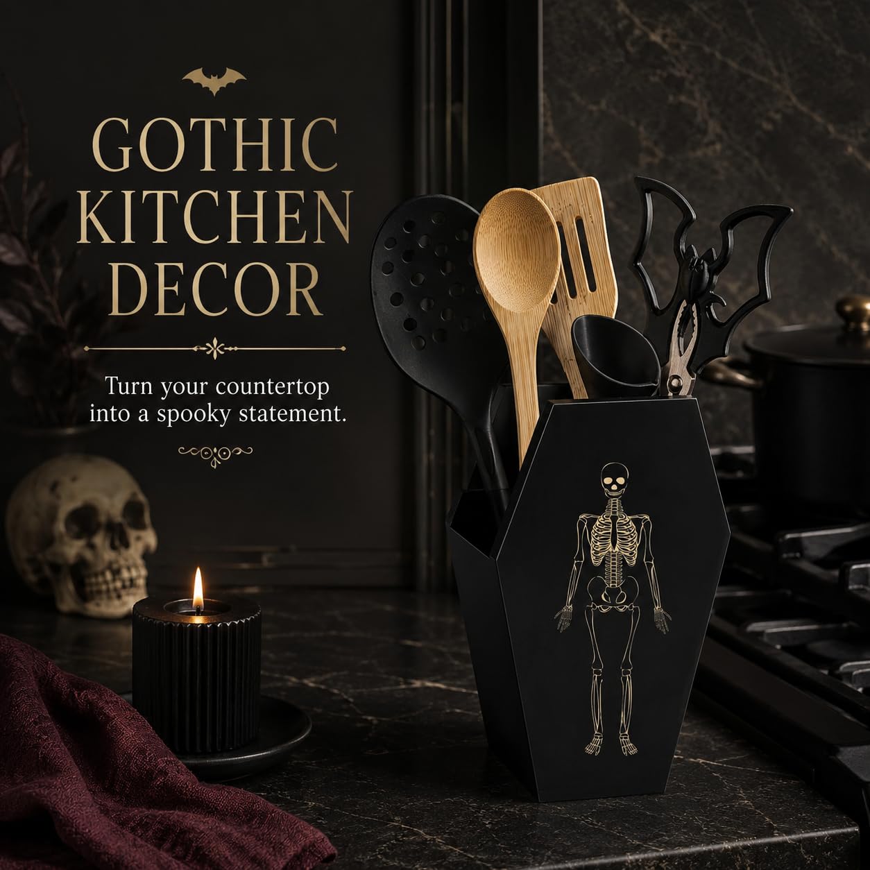 TOSOENPHY Halloween Gothic Kitchen Decor - Goth Coffin Utensil Holder (Utensils Not Included), Dual-Sided Laser-Etched Skeleton, Solid Wood Large Capacity for Spooky Bats Spoons Skull Spatulas