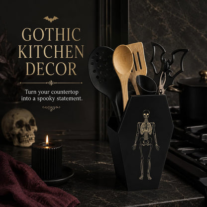 TOSOENPHY Halloween Gothic Kitchen Decor - Goth Coffin Utensil Holder (Utensils Not Included), Dual-Sided Laser-Etched Skeleton, Solid Wood Large Capacity for Spooky Bats Spoons Skull Spatulas