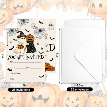 JarThenaAMCS 25 Sets Halloween Party Invitations with Envelopes Stickers Beige Black Pumpkin Ghost Bat Invites for Halloween Celebration, 5 x 7 Inch