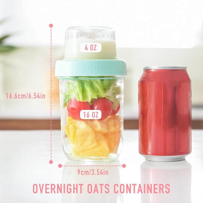 4oz 16 oz Glass Overnight Oats Containers with Lids 6Pack, Yogurt Parfait Cups with Dry and Wet Separation, Breakfast Prep Bowl for Cereal Nut Fruit Meal, To Take Along Oatmeal Salad Smoothie Snack