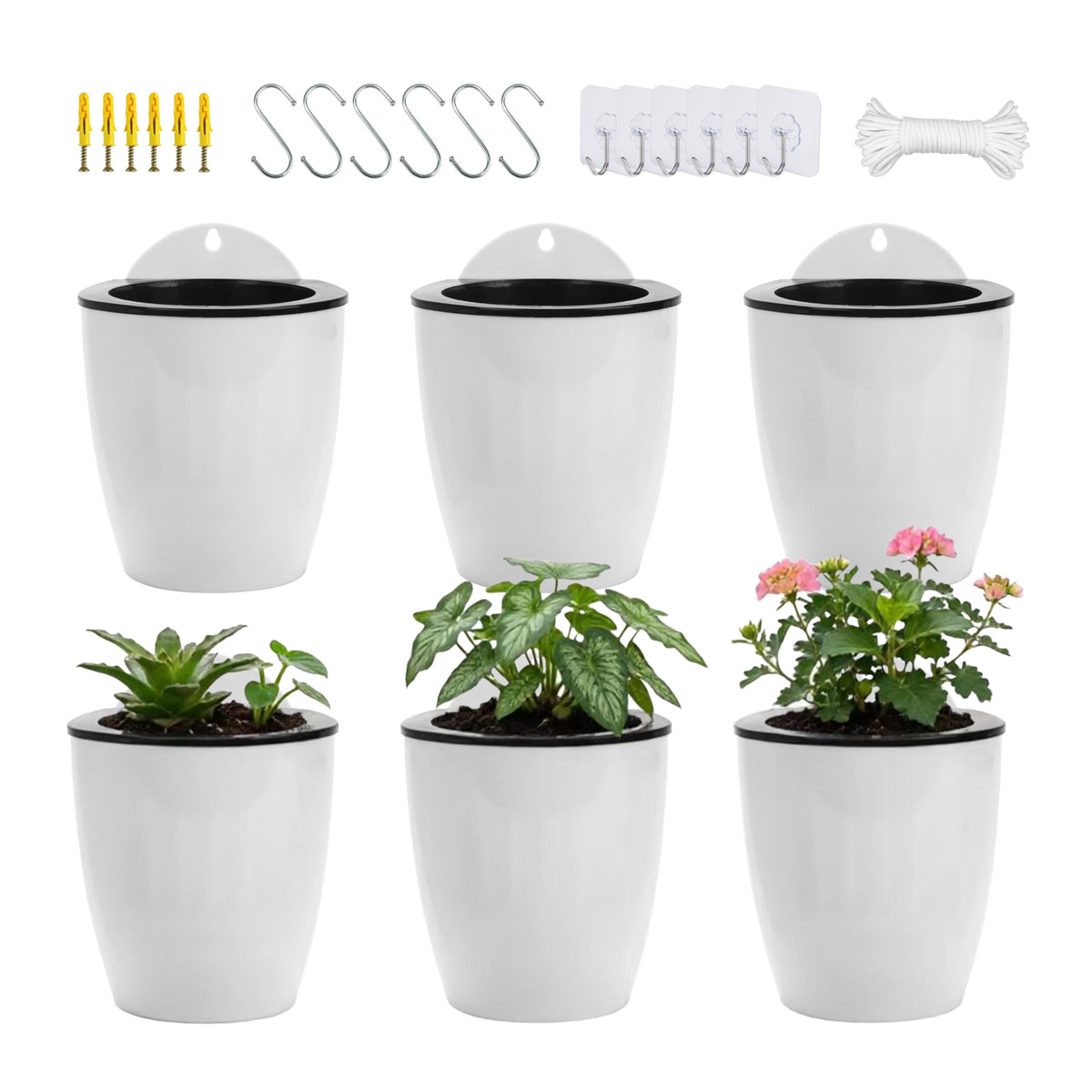ORIMERC 6 Pack Hanging Planter Wall Planter Self Watering 5 inch Plant Pot with Hardware Vertical Planter Outdoor Indoor Plants Herb Garden Home Décor Kitchen Balcony Railing Shelf Fence (Medium)