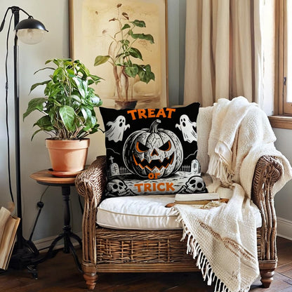 Halloween Decor Throw Pillow Covers 18x18 inch Black Orange Ghost Cat Skeleton Pumpkin Cushion Cases 4 Pack Fall Happy Halloween Seasonal Autumn Home Decor Pillowcases for Sofa Couch Patio(Orange)