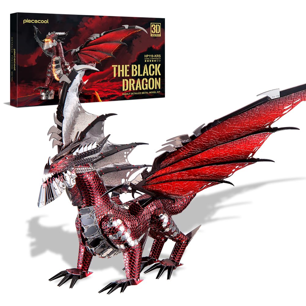 Piececool 3D Metal Model Kits-Black Dragon King, DIY 3D Puzzles for Adults Brain Teaser Puzzles for Teens, Great Birthday New Year Gifts, 107 Pcs