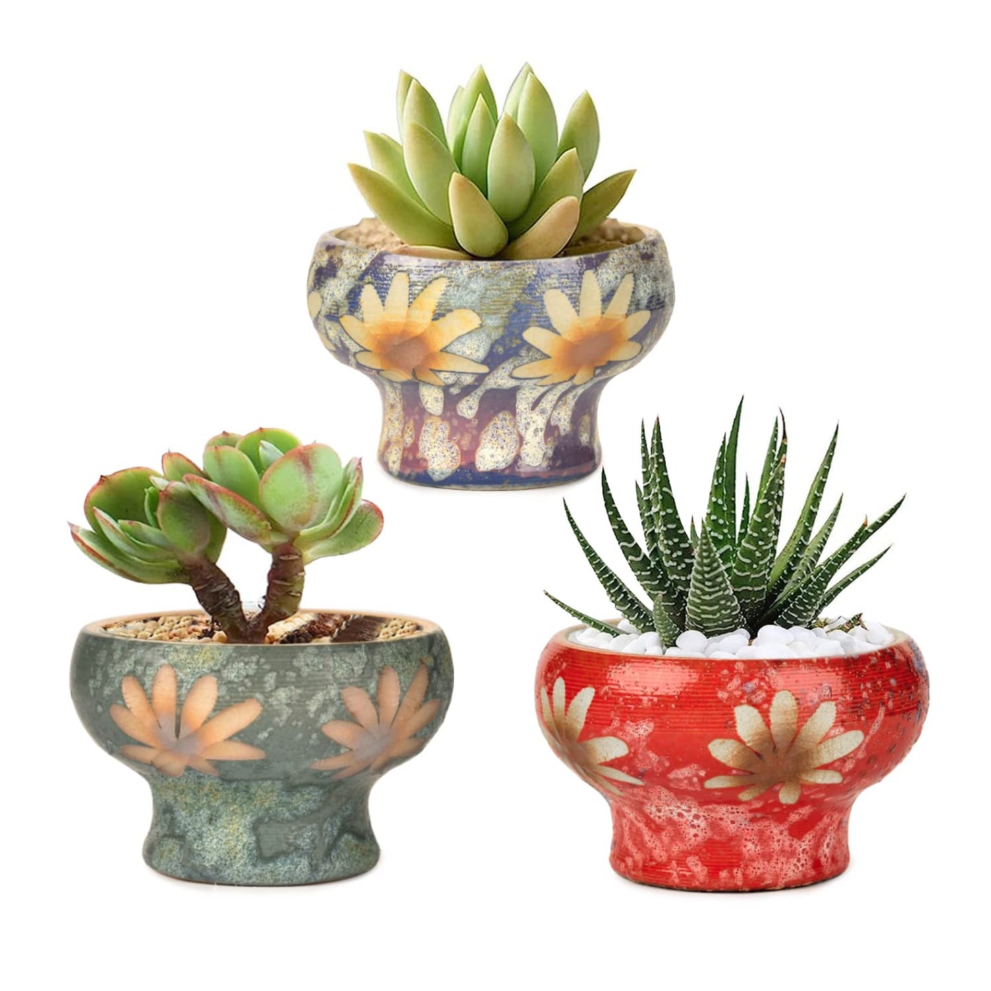 Sungmor Small Succulent Planters Set of 3, Beautiful Hand Crafted Ceramic Plant Pots Cute Cactus Pot, 4.9 Inch Flower Pots for Indoor Plants with Drainage, Desktop Windowsill Home Office Decor Pots