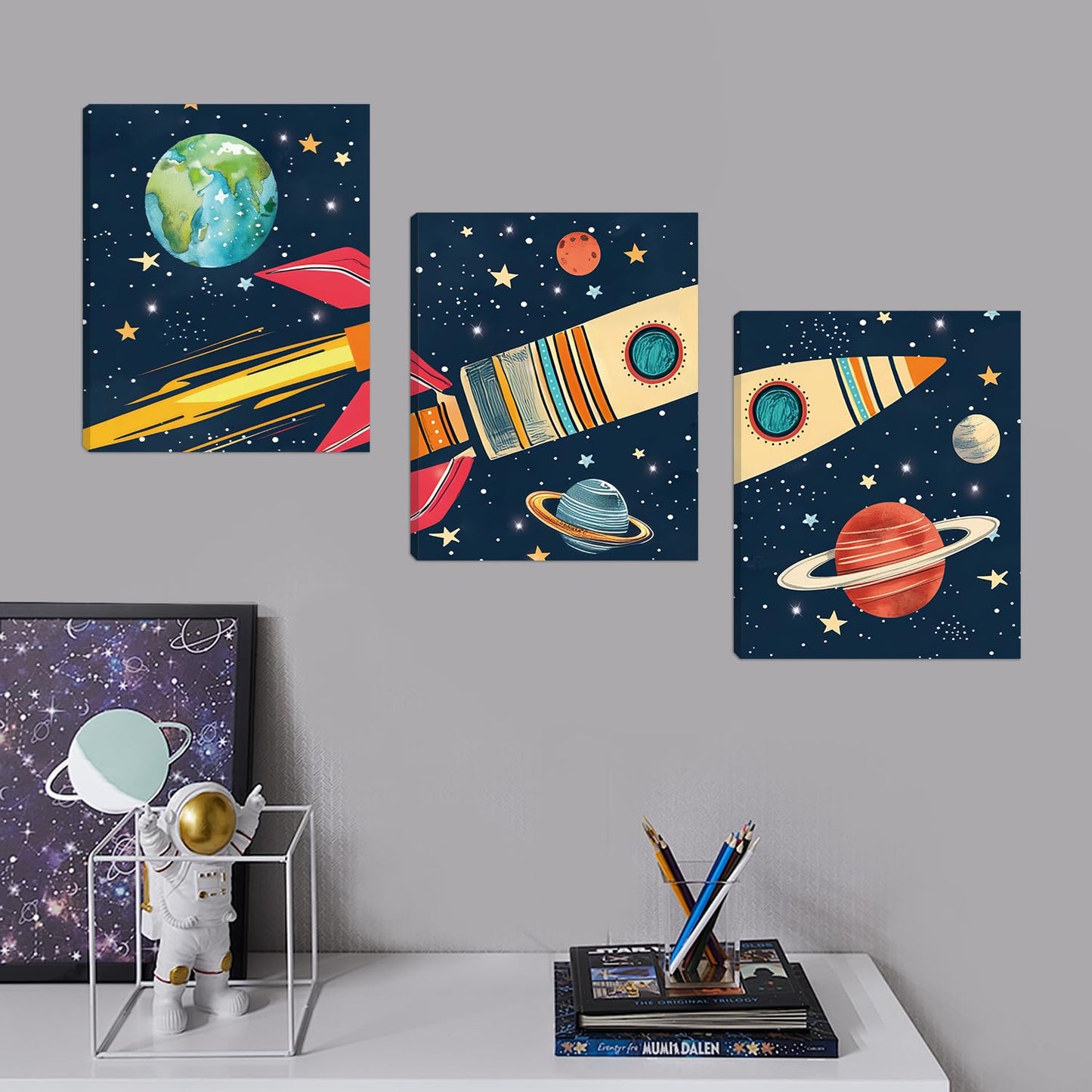 KAIRNE Rocket Outer Space Decor,Solar System Wall Art,The Planets Hanging Decor,Rocket Artwork Paintings out of space decor for Boys Bedroom Toddler Kids Room Classroom Decoration