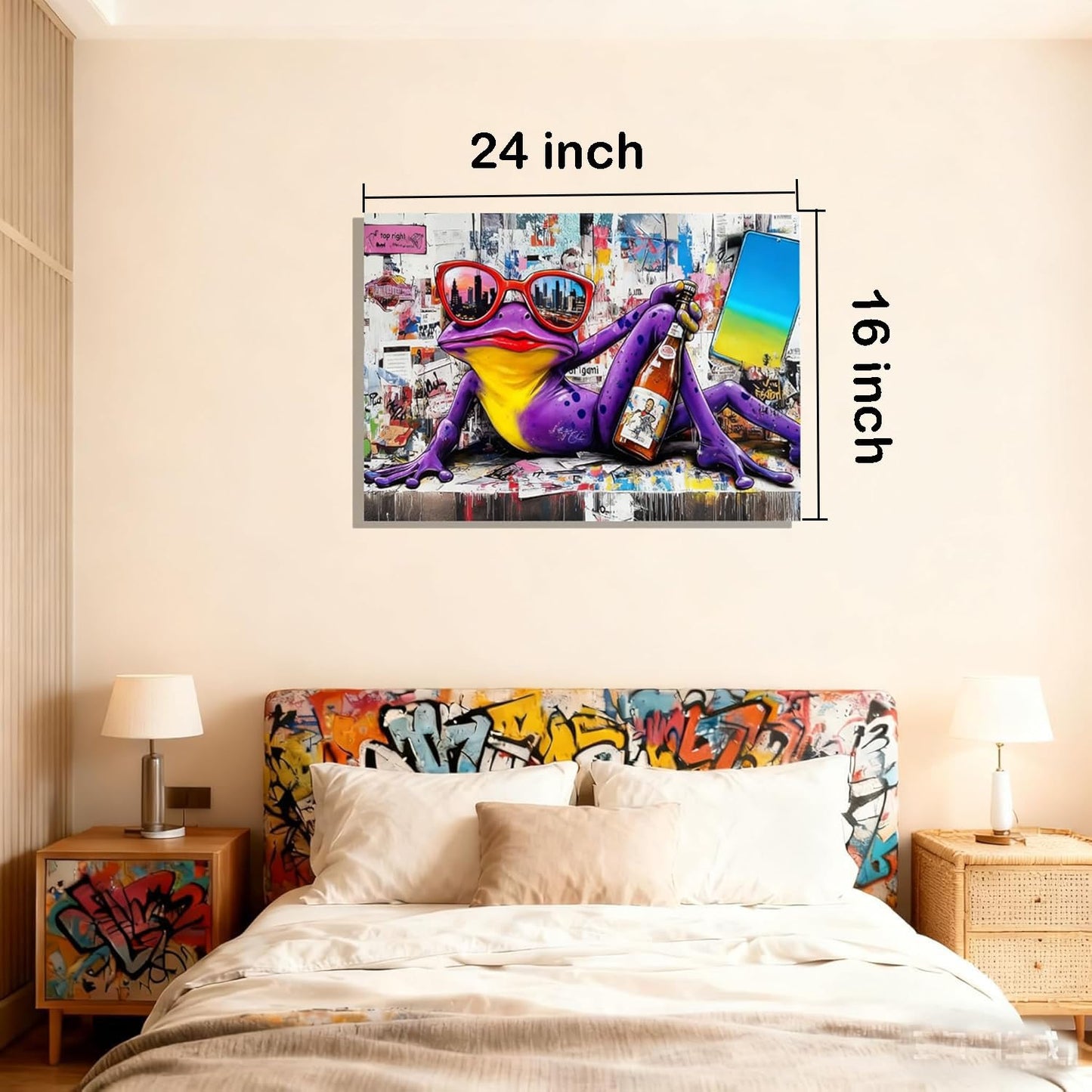 16x24 Urban Graffiti Purple Frog with Sunglasses Wall Art Canvas Painting Gallery Pop Art Street Artwork Decor Teen Little Boys Room Pictures Kids Bedroom Framed Posters for Men Office Living room