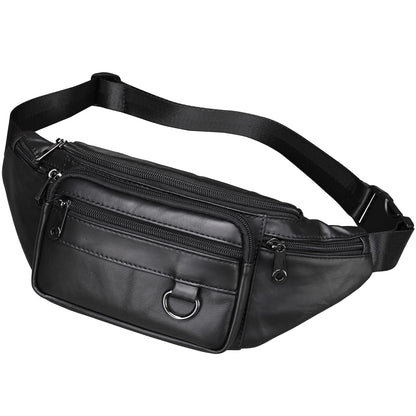 Genuine Leather Fanny Pack HandMade Durable cowhide Waist Bag Lots of Anti-theft zipper pocket Black