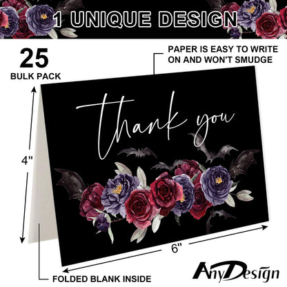 25 Pack Floral Thank You Cards Halloween Flower Bat Greeting Cards Spooky Blank Note Card for Holiday Baby Shower Party Invitation Supplies, 4 x 6 Inch