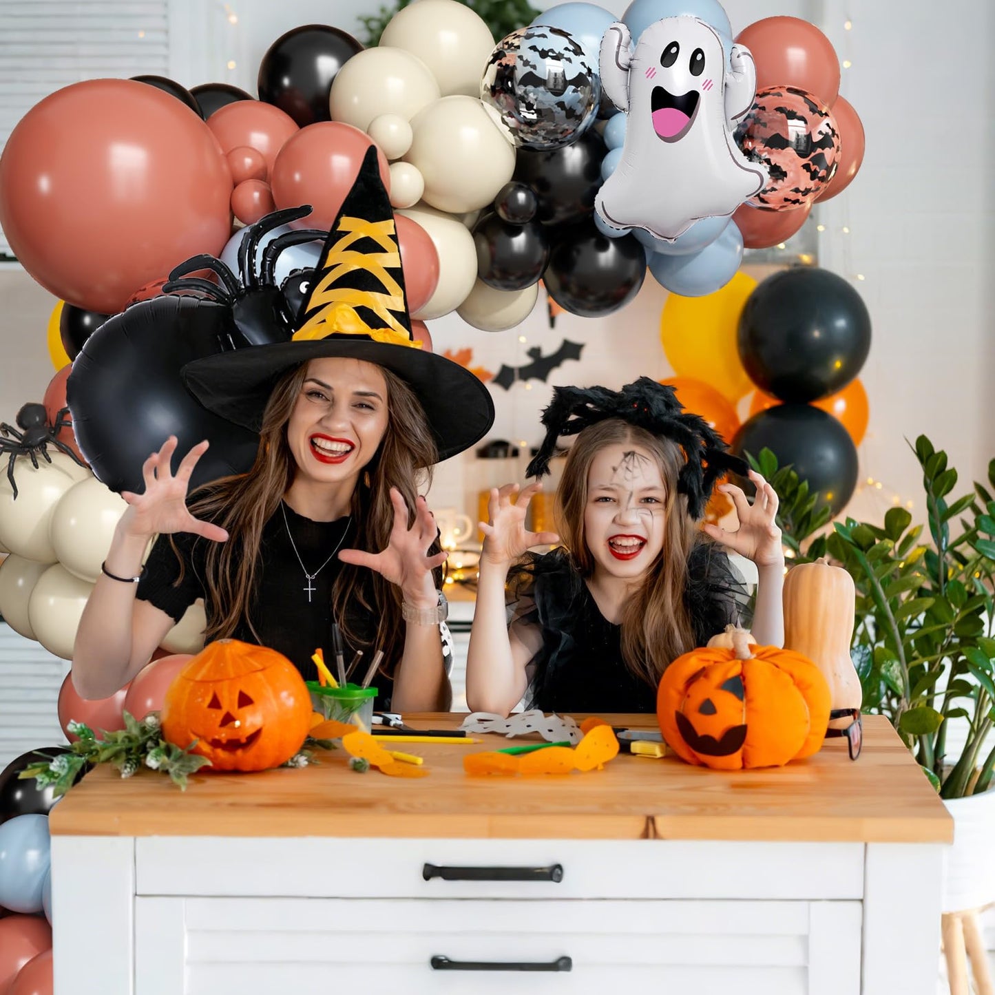 Halloween Balloons Arch Kit, 2025 Halloween Balloon Black Burnt Orange Dusty Blue Latex Balloons Garland with Ghost, Spider, Bat Printed Foil Balloon for Ghost Party Decorations