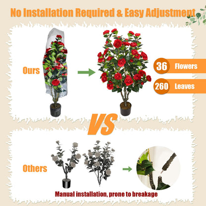 2 Pack Artificial Camellia Tree 42" Faux Floral Trees with 36 Red Blooming Flowers Tall Camellia Plant in Cement Pot with Dried Moss for Porch Front Door Office Shop Home Room