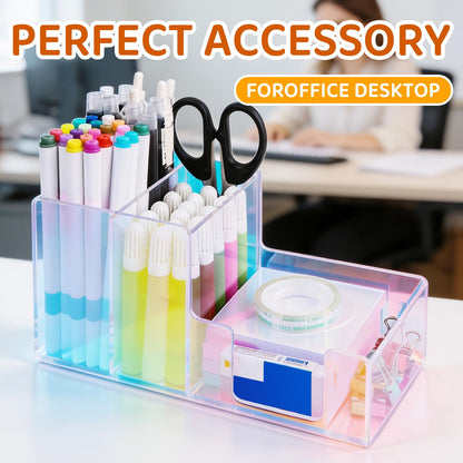 Iridescent Acrylic Desk Organizer with 3 Compartments - Clear Pencil Holder for Office, School & Home - Large Capacity Stationery Storage for Pens, Scissors, Sticky Notes, Paper Clips - Non-Slip Base