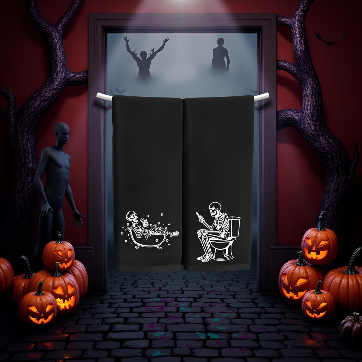 2 Pack Luminous Halloween Hand Towels 100% Cotton Embroidered Skull Halloween Kitchen Towels Glow in The Dark Black Skeleton Bathroom Towels Seasonal Bathroom Decor (Black Skeleton, Halloween)