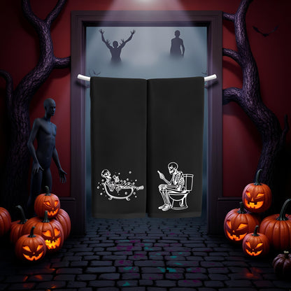 2 Pack Luminous Halloween Hand Towels 100% Cotton Embroidered Skull Halloween Kitchen Towels Glow in The Dark Black Skeleton Bathroom Towels Seasonal Bathroom Decor (Black Skeleton, Halloween)