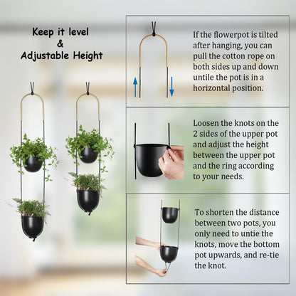ABETREE Modern Metal Hanging Planter for Indoor Outdoor Plants with Hook 2 Tier Boho Wall and Ceiling Flower Pots Baskets Holder Home Office Decor(Black)
