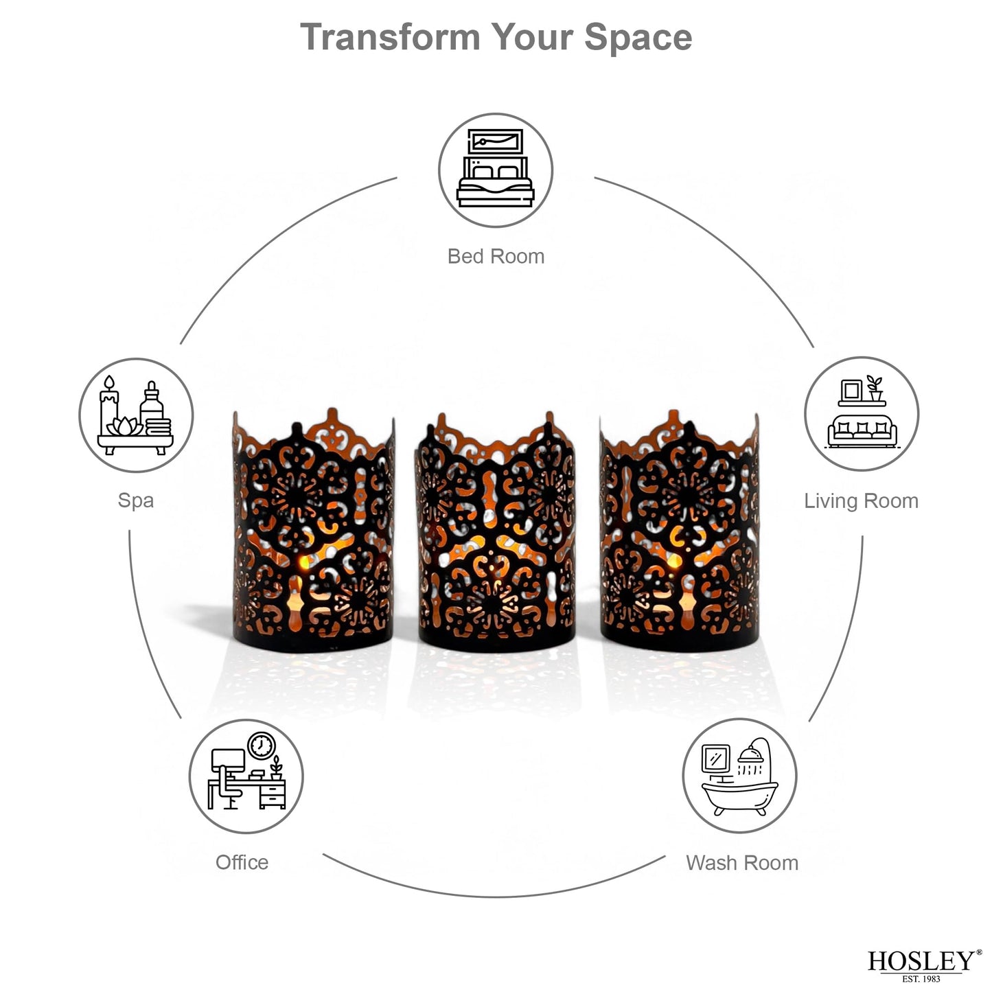 Hosley Set of 3 Black Metal Candle Holders 4 Inch High - Lattice Cut Lanterns for Table Centerpiece, Wedding, Home Decor, Indoor Outdoor