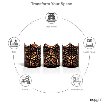 Hosley Set of 3 Black Metal Candle Holders 4 Inch High - Lattice Cut Lanterns for Table Centerpiece, Wedding, Home Decor, Indoor Outdoor