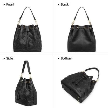 Kattee Woven Genuine Leather Bucket Bags for Women, Drawstring Crossbody Hobo Purses and Shoulder Handbags with 2 Detachable Straps, Black