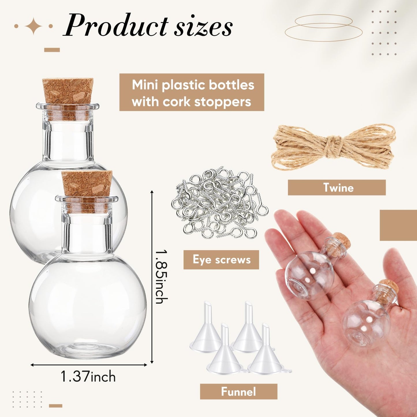 Bokon 50 Pack 1oz Plastic Mini Potion Bottles with Corks, Small Sand Art Jar Tiny Clear Liquor Bottles Bulk Wishing Vial for Birthday Halloween Valentines Party Favor DIY Craft (1.4x1.8 Inch,Round)