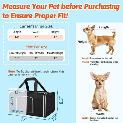 Petskd Small Pet Carrier with Wheels (17" L x 12" W x 8.5" H), JetBlue/Allegiant/Spirit Airlines Approved, Rolling Pet Carrier for Small Dogs & Cats (Black)