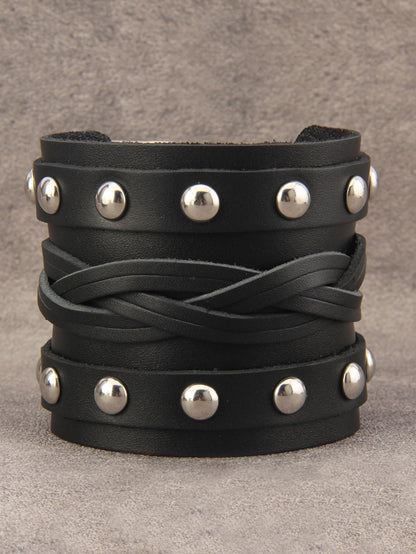 GelConnie Wide Leather Bracelet Thick Black Bracelet Leather Wrap Cuff Bracelet Mens Goth Leather Wristband Bracelet Wrist Cuffs Men
