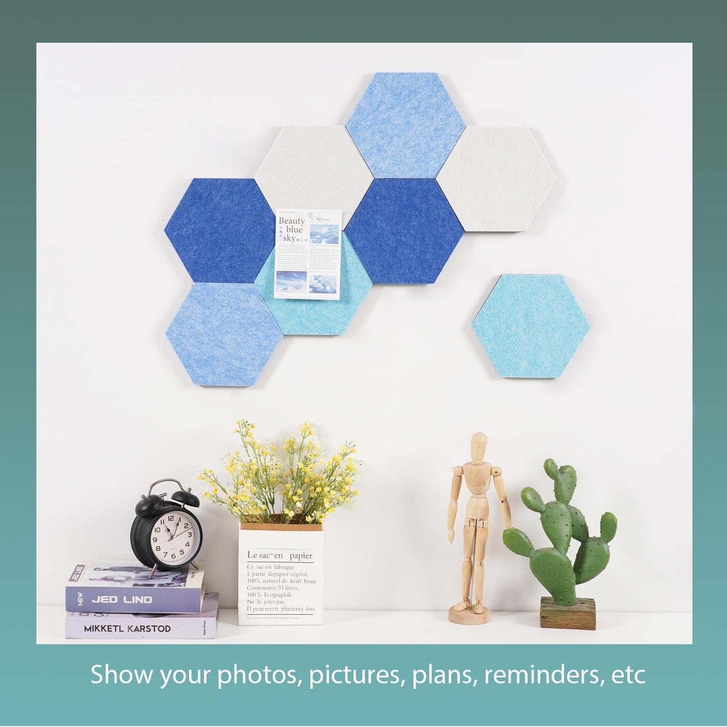 Afumazi Felt Bulletin Board Tiles, 8 Pcs Hexagon Wall Tiles with Removable Adhesive, 7.9×6.9 Inch Cork Pin Board for Classroom, Home, Office (Set E, Middle)