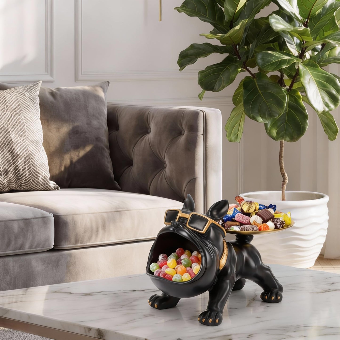 Nagpew French Bulldog Tray, Resin Bulldog Statue Candy Dish, Cool Black Key Holder Jewelry Bowl Decor for Entryway, Table, Office, Modern Art