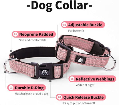 IVY&LANE Reflective Dog Collar and Leash Set,Adjustable Neoprene Padded Dog Collars for Puppy, Breathable Nylon Pet Collar for Small Medium Large Dogs(Small,Pink)