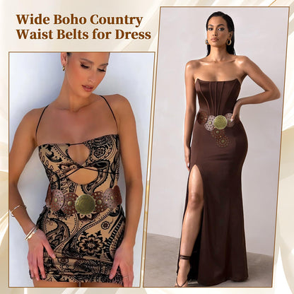 SNCEAW Western Belts for Women Wide Belts Country Concert Outfits Disc Belt Cowgirl Boho Leather Belt for Jeans Dress (Black-bronze Buckle, Fits waists up to 37")