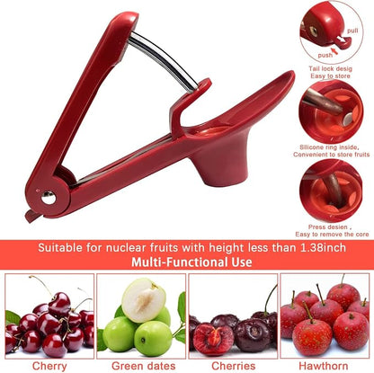 Cherry Pitter Tool, Heavy-Duty Stainless Steel Pitting Tool, Portable Cherries Corer Stoner Seed Tool with Lock Design, Fruit Pit Remover for Cherry Jam (Red)