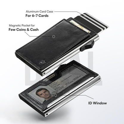 Bauhaus Slim Wallet for Men | RFID NFC Blocking Automatic Ejector | Pop-Up Card Holder Premium Leather Front Pocket Minimalist Mens Wallet Holds 7 Cards + ID + Cash | Gift for Men Black and Sliver