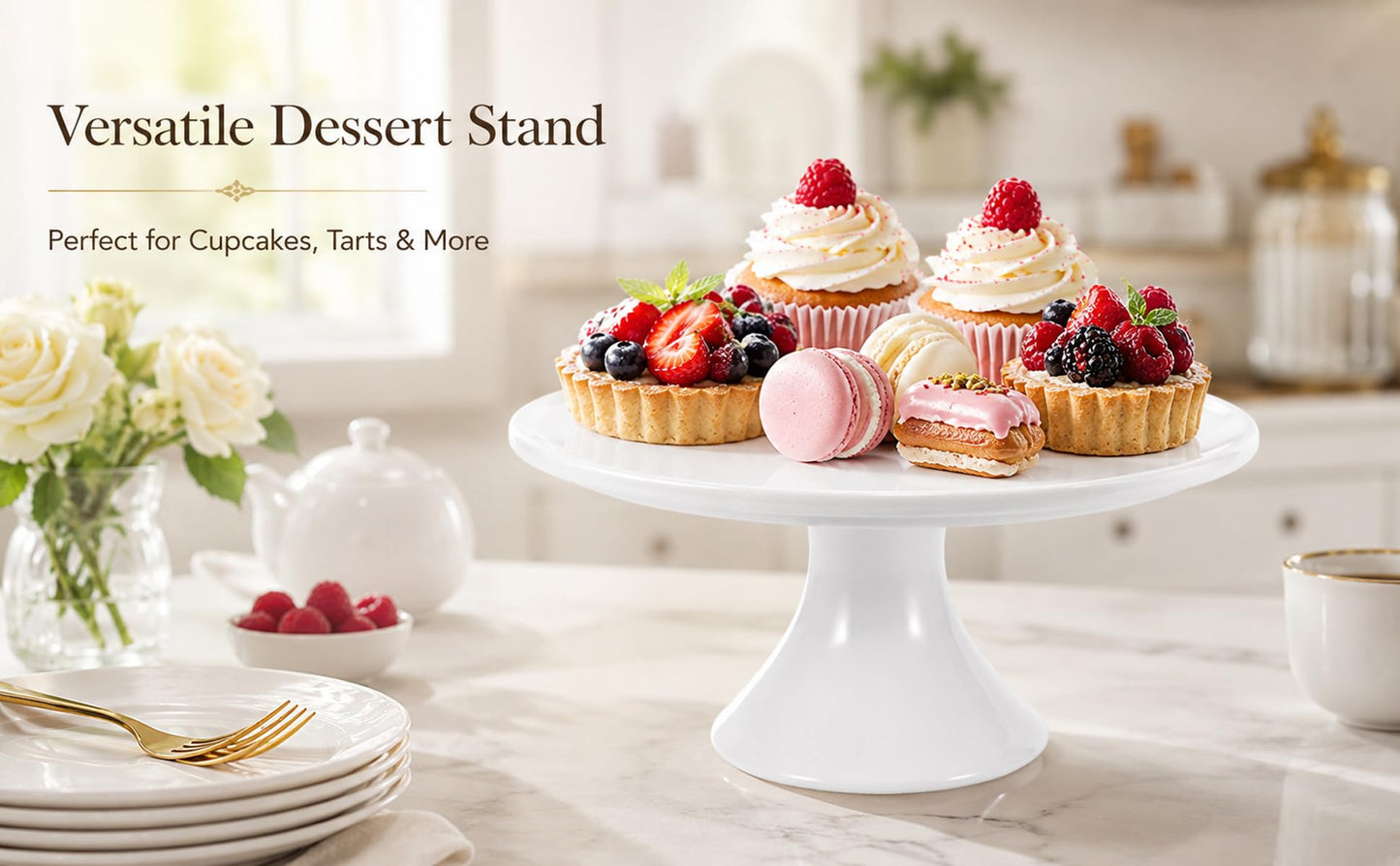Ceramic Cake Stand, Fits Cakes Up to 8 in, Round White Dessert Pedestal for Cupcakes Cookies Pastries Fruit Display, 1 Pack