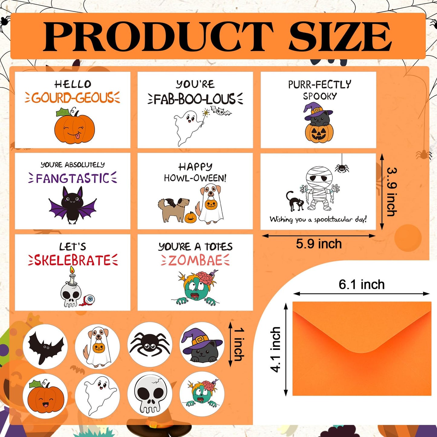 Geyoga 32 Pack Funny Halloween Cards Bulk with Envelopes Stickers 4 x 6 Inch Pun Halloween Blank Greeting Cards for Kids for Party Supplies, 8 Designs