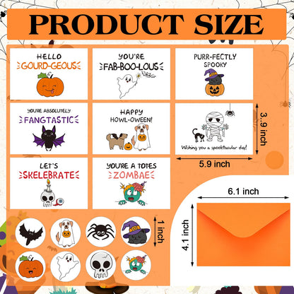 Geyoga 32 Pack Funny Halloween Cards Bulk with Envelopes Stickers 4 x 6 Inch Pun Halloween Blank Greeting Cards for Kids for Party Supplies, 8 Designs
