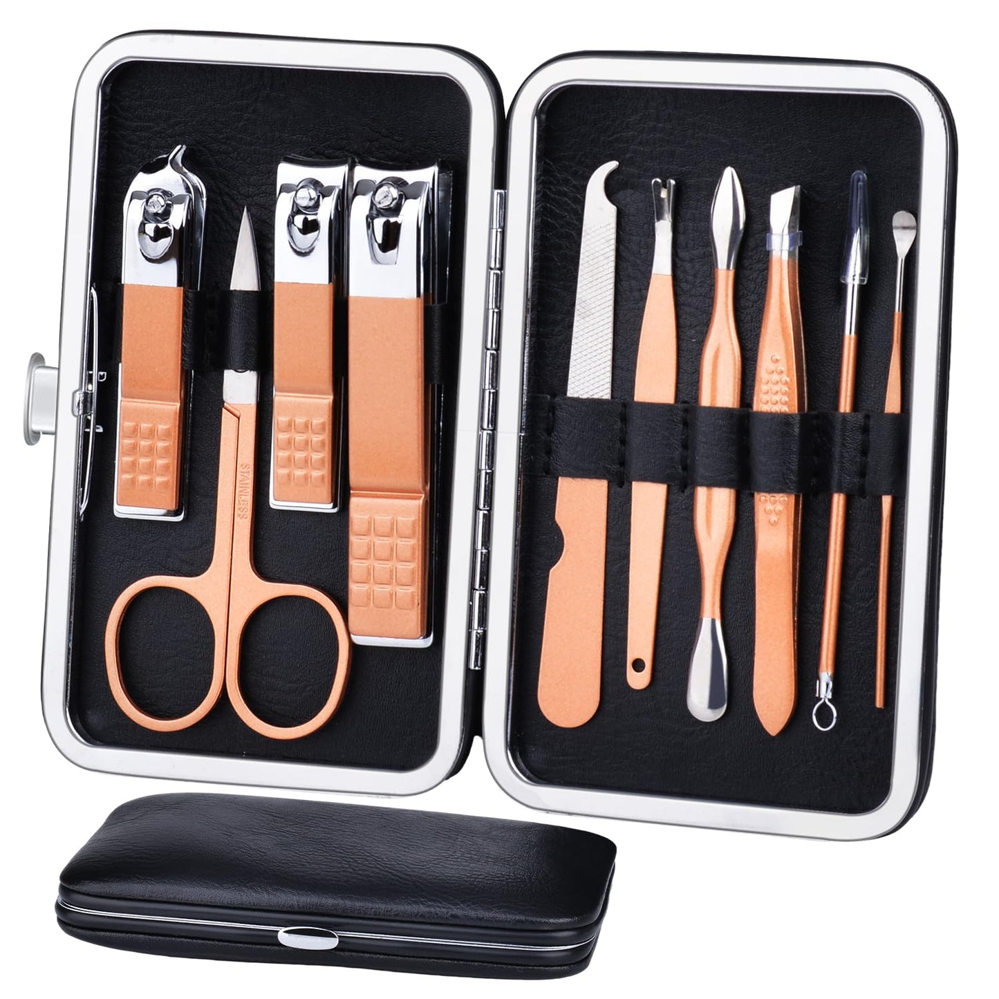 Manicure Set 10 in 1 Stainless Steel, Nail Clippers Scissors Pedicure Tools Kit - Portable Travel Grooming Kit for Men and Women with Leather Case (Jade Green)