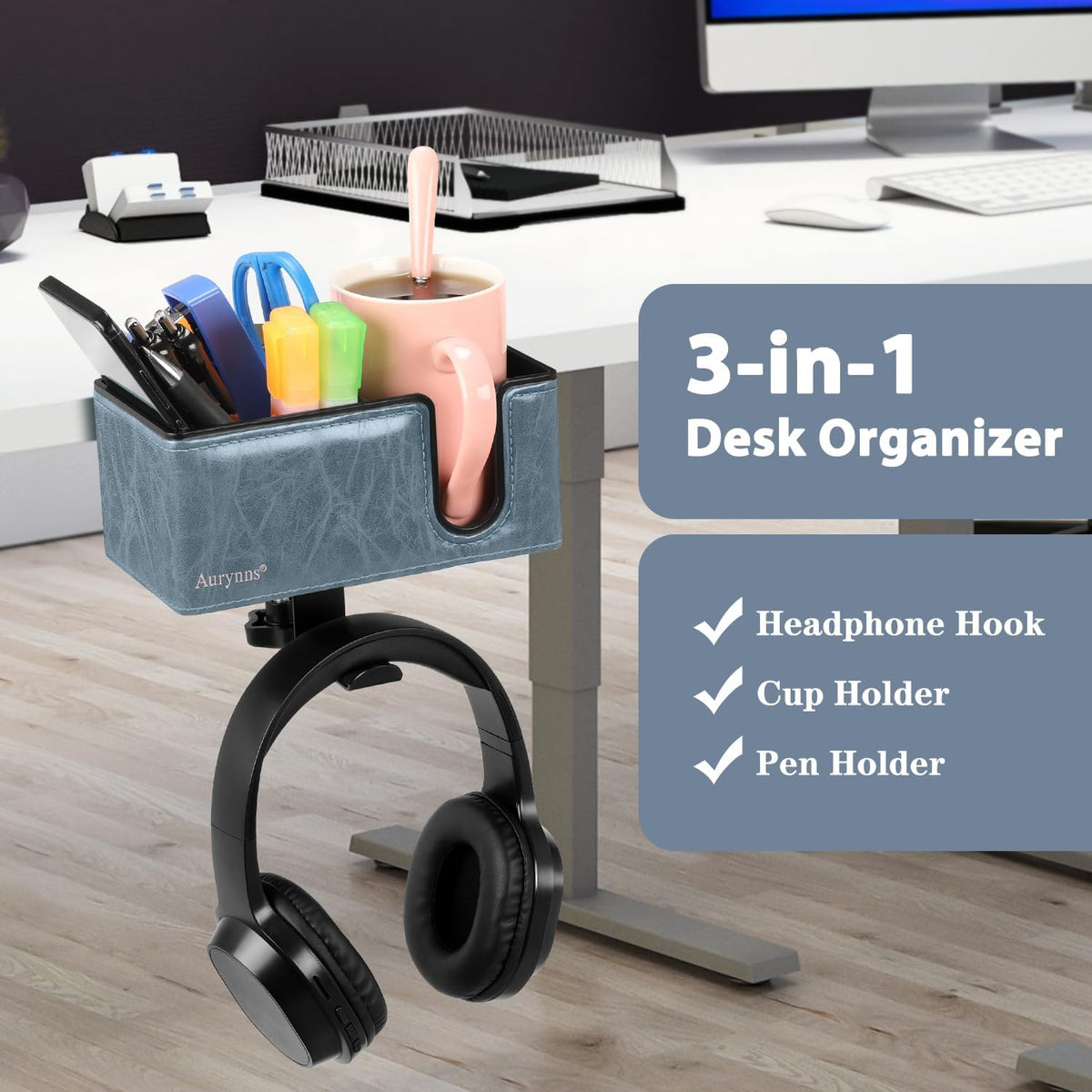 Desk Cup Holder Clip on Pen Holder Headphone Hanger Headset Stand Rotatable Clamp Hook Under Desk (Sky Blue)