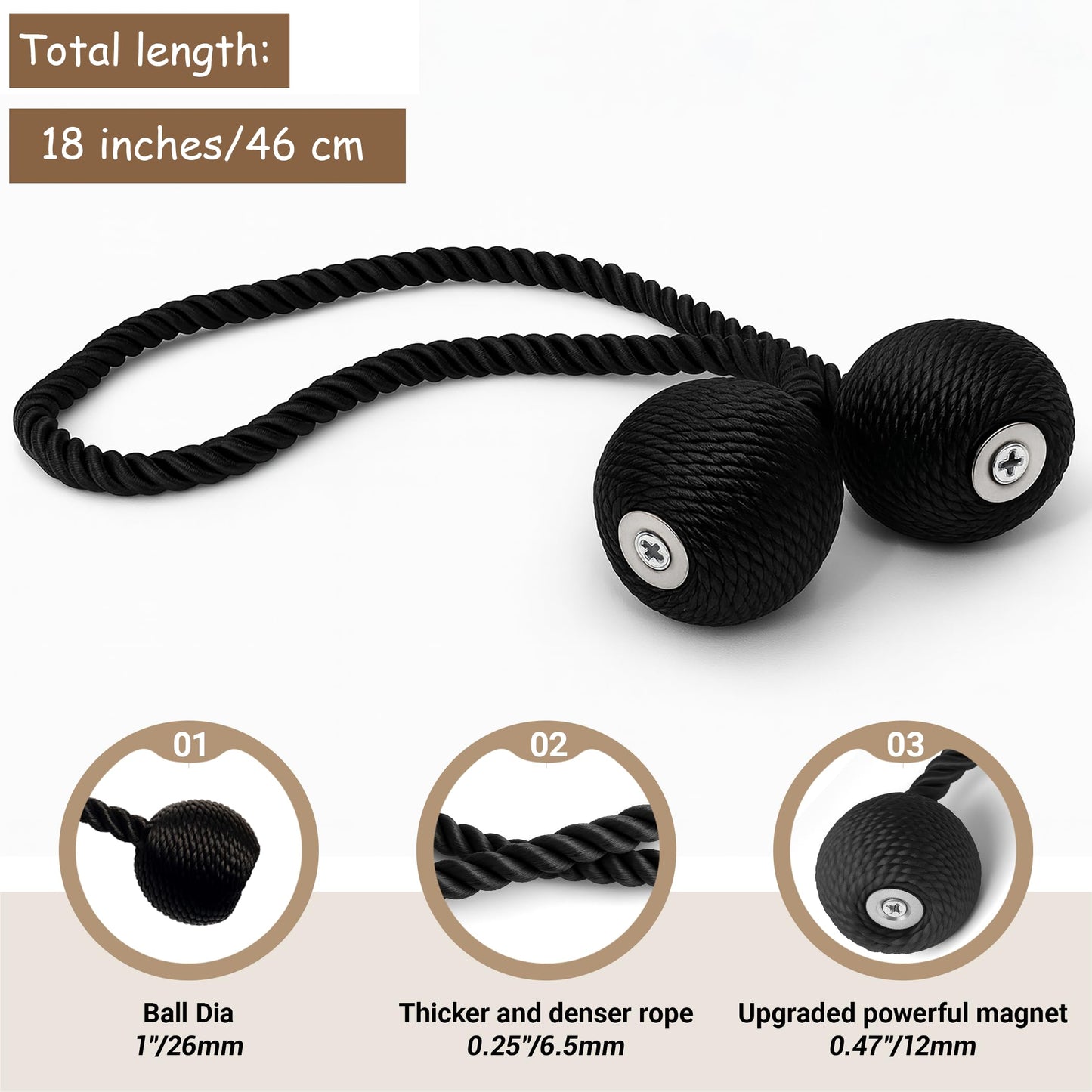 Hion Magnetic Curtain Tiebacks Black 6 Pack, Curtain Tiebacks Buckles Holdbacks Holders Hooks Clip for Home Bedroom Office Decorative Thick or Thin Curtain