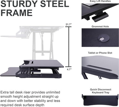 Rocelco 43" Height Adjustable Standing Desk Converter with Anti Fatigue Floor Mat - Tall Stand Up Tabletop Riser and Tablet Slot - Computer Workstation - Deep Keyboard Tray - Black (R VADRB-43-MAFM)