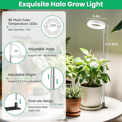 Aokrean Grow Lights for Indoor Plants, Full Spectrum Small Halo Plant Grow Light with Base, 48 LED Growing Lamp 10 Levels Dimmable Auto On Off 3/9/12 Hrs Timer for Small Plants, White, 3.5in, 5 Pack