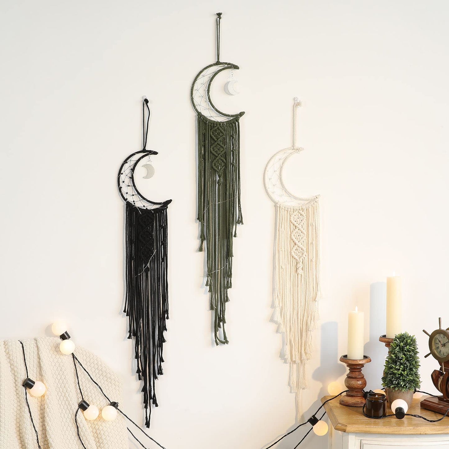 Black Macrame Moon Dream Catcher, Witchy Crescent Phase Woven Wall Hanging with Light, Handmade Gothic Bohemian Nursery Decor with Star Decoration for Home Bedroom, for Girl Kids
