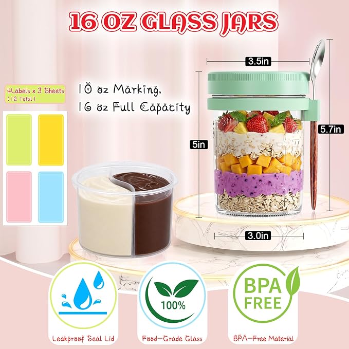 Overnight Oats Containers with Lids 4 Pack Mason Jars 16oz Glass Jar with Lid and Spoons Airtight Food Storage Containers Chia Seed Pudding Jars for Overnight Oats Parfait Yogurt Fruit Salad