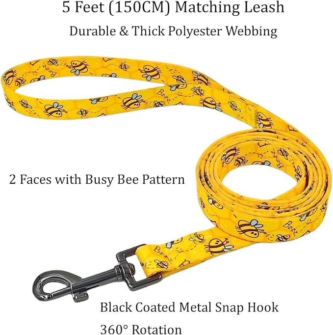 Dog Collar Leash Set, Busy Bee Pattern, 5ft Matching Leash, Polyester Material, 4 for Small Medium Large Dogs.(S, Bee)