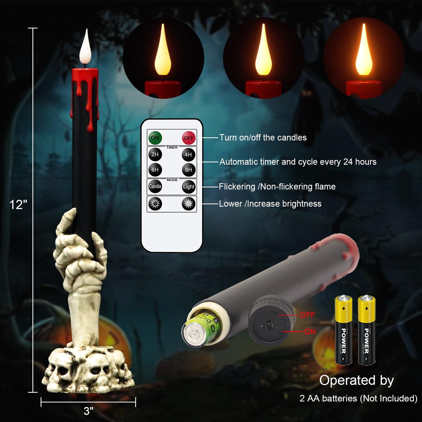 DRomance Black Flameless Taper Candles Battery Operated with Remote and Timer, Blood Dripping Wax LED Flickering Candles Skeleton Hand Holders Dinner Table Halloween Decor Lights(2 Pack, 3” x 12”)