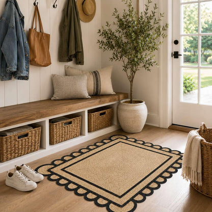 Scalloped Natural Jute Area Rug 3x5 Ft, Boho Rug with Black Trim & Non Slip Backing for Entryway, Living Room