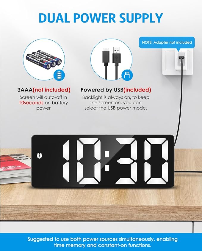 AMIR Digital Alarm Clock Large Display, Upgraded LED Alarm for Bedroom, Type-C/Battery Powered Bedside Alarm Clock with Snooze, 12/24H, 5 Levels Adjustable Brightness, DST, Desk Clock for Home, Office