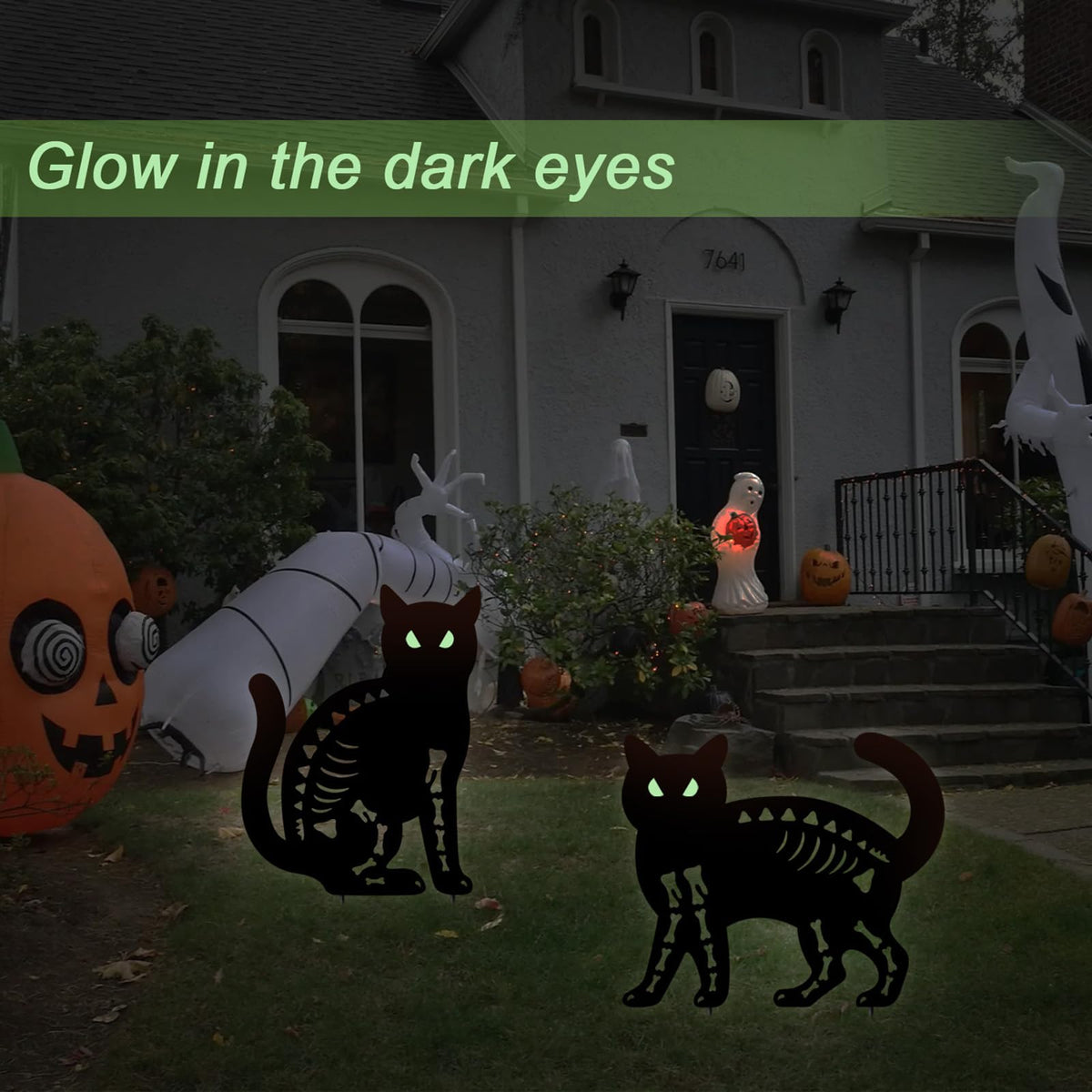 Hokfirm Halloween Black Cat Garden Stake Decor - 2 Pack Scary Cat Silhouette Metal Yard Signs with Glow-in-The-Dark Eyes for Outdoor Halloween Decorations